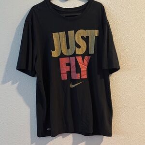 Nike Black T-Shirt with Red and Gold 'Just Fly' Design